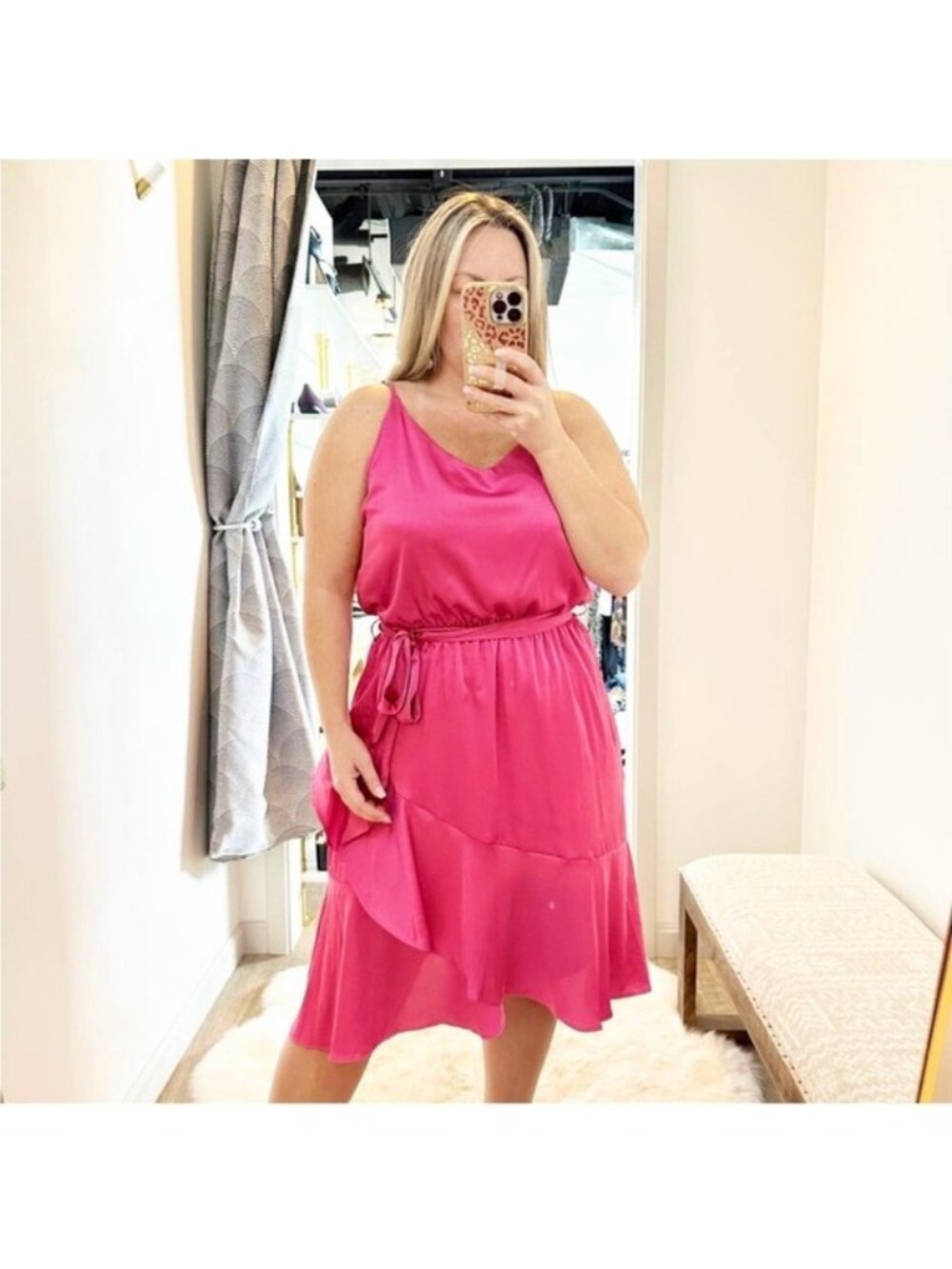 TAHARI Satin hot Pink Ruffle Hem Faux Wrap Dress Tie Bow Stretch Size XL